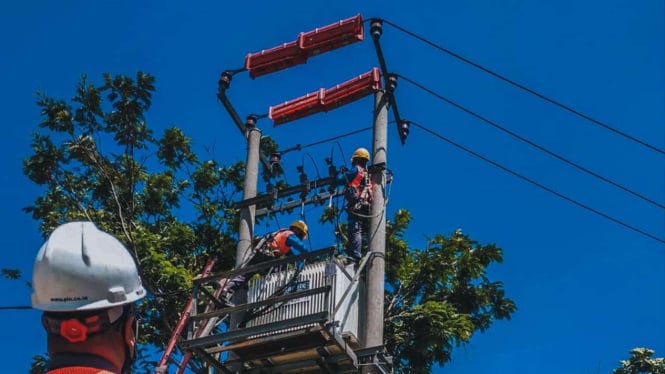 Ilustrasi petugas PLN melakukan pemeliharaan infrastruktur listrik