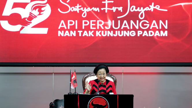 Pidato Politik Ketua Umum PDIP, Megawati Soekarnoputri saat HUT ke-52 PDIP, di Sekolah Partai, Lenteng Agung, Jakarta Selatan, Jumat, 10 Januari 2025.