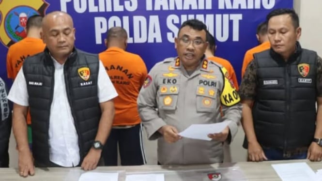 Kapolres Tanah Karo AKBP Eko Yulianto, saat memberikan keterangan pers terkait pengungkapan kasus perdagangan anak di Karo.(Polres Tanah Karo)