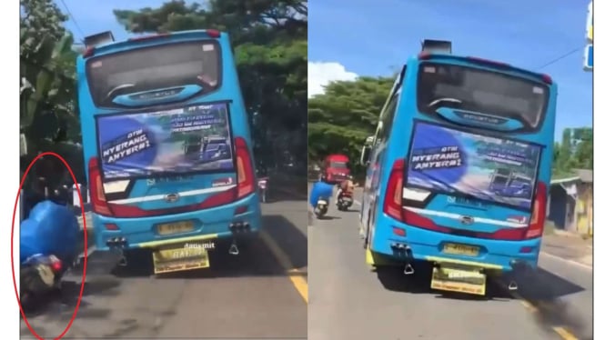 Viral Bus Pariwisata Oleng Ugal-ugalan hingga Bikin Pemotor Jatuh