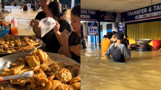 Ratusan Rumah Terendam Akibat Banjir, Pedagang Gorengan Tetap Santai Jualan