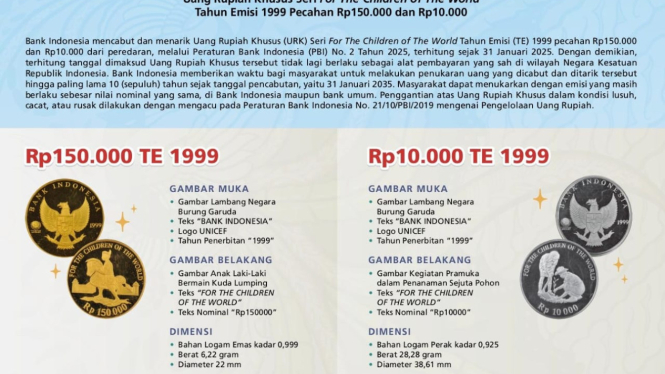 Uang Rupiah Khusus Seri For The Children of The World Tahun Emisi (TE) 1999 pecahan Rp 150.000 dan Rp 10.000 (dok: Bank Indonesia)