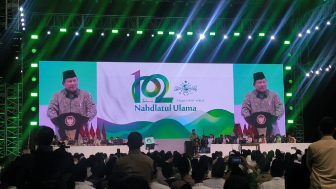 Presiden RI Prabowo Subianto dalam acara peringatan Harlah NU ke-102 di Istora Senayan, Jakarta Pusat, Rabu, 5 Februari 2025