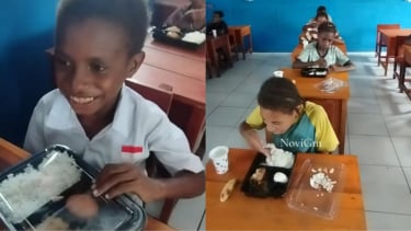 Haru! Guru SD Ini Bagikan Momen Para Siswa Papua Makan Bergizi Gratis