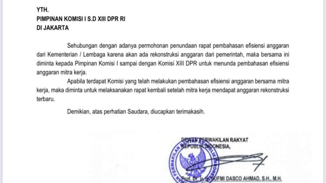 Dasco Surati Seluruh Pimpinan Komisi DPR Tunda Bahas Efisiensi Anggaran dengan Kementerian/ Lembaga