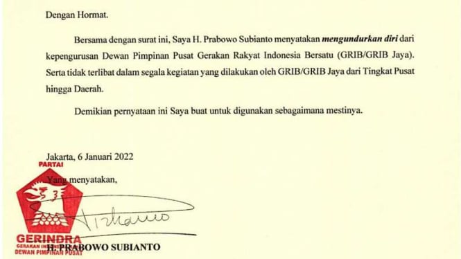 Beredar Surat Prabowo Subianto Sudah Mundur dari GRIB Sejak 2022