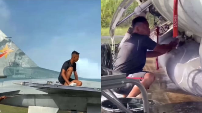 Viral video TNI AU cuci  jet tempur F16 secara manual