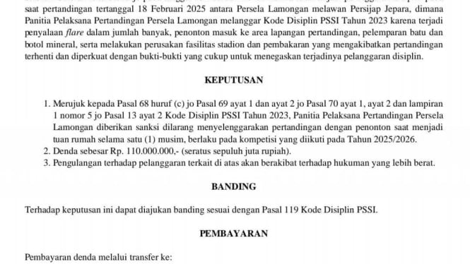 Rusuh Lawan Persijap, Persela Lamongan Disanksi Menggelar Pertandingan Tanpa Penonton Selama Satu Musim