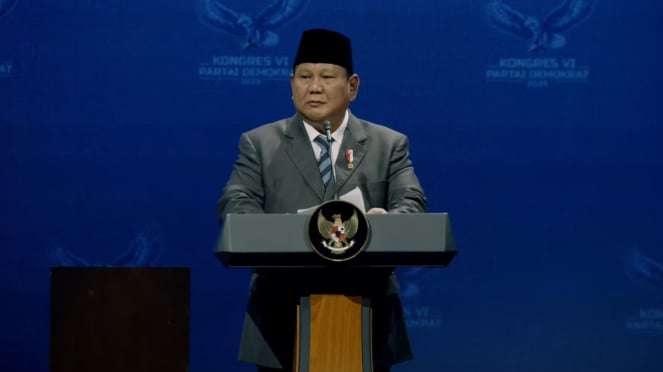 Presiden RI Prabowo Subianto di acara penutupan Kongres ke-VI Partai Demokrat yang berlangsung di Ritz-Carlton, Senayan, Jakarta Pusat, Selasa, 25 Februari 2025.