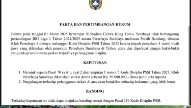 Surat sanksi Komdis PSSI terhadap Persebaya (Instagram Persebaya)