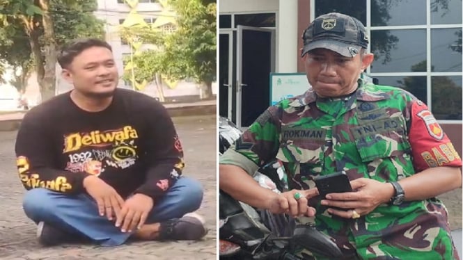 Pria berbaju hitam dan anggota TNI AD di acara diskusi mahasiswa UIN Walisongo