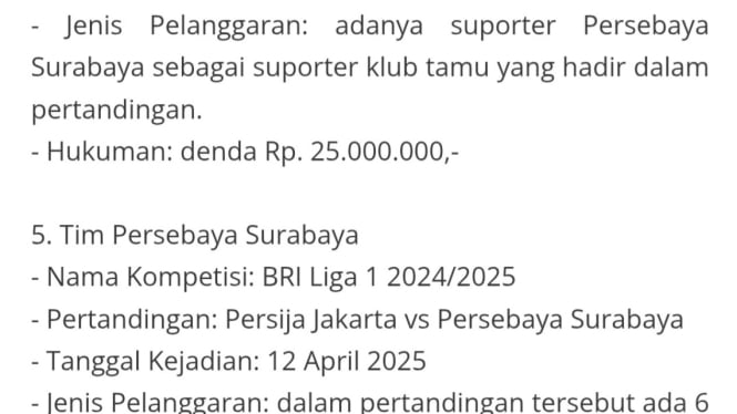 Isi Sanksi Denda untuk Persebaya (Sumber: PSSI)