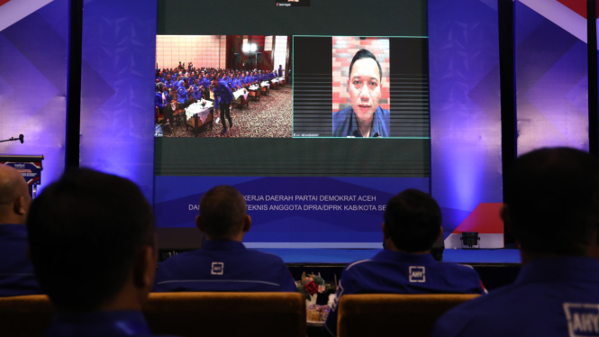 Ketua Umum Partai Demokrat Agus Harimurti Yudhoyono (AHY) saat hadir rapat kerja daerah di Aceh. AHY hadir dan memberikan arahan secara daring. (Doc Istimewa)