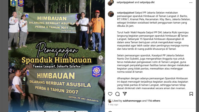  Pemasangan Spanduk Larangan Berbuat Asusila di Taman Langsat, Jaksel